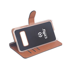 WALLY - Custodia a libro in pelle sintetica con chiusura flap magnetico, slot per carte e funzione stand colore nero compatibile con Samsung Galaxy S10+