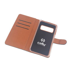 WALLY - Custodia a libro in pelle sintetica con chiusura flap magnetico, slot per carte e funzione stand colore nero compatibile con Samsung Galaxy S10+