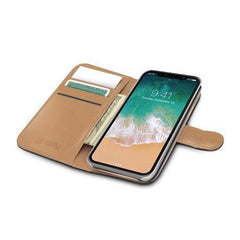 WALLY - Custodia a libro in pelle sintetica con chiusura flap magnetico, slot per carte e funzione stand colore nero compatibile con Apple iPhone Xs / iPhone X