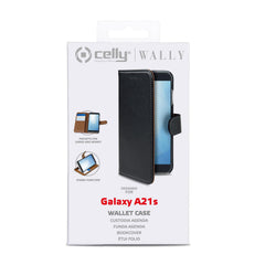 WALLY - Custodia a libro in pelle sintetica con chiusura flap magnetico, slot per carte e funzione stand colore nero compatibile con Samsung Galaxy A21s