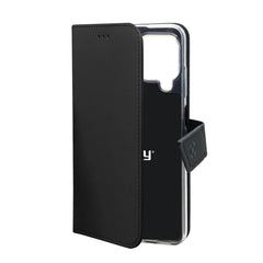WALLY - Custodia a libro in pelle sintetica con chiusura flap magnetico, slot per carte e funzione stand colore nero compatibile con Samsung Galaxy A12/ Galaxy M12