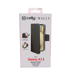 WALLY - Custodia a libro in pelle sintetica con chiusura flap magnetico, slot per carte e funzione stand colore nero compatibile con Samsung Galaxy A12/ Galaxy M12