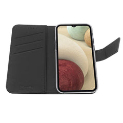 WALLY - Custodia a libro in pelle sintetica con chiusura flap magnetico, slot per carte e funzione stand colore nero compatibile con Samsung Galaxy A12/ Galaxy M12