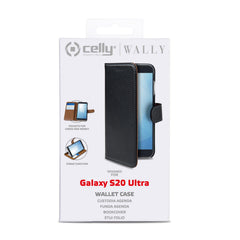 WALLY - Custodia a libro in pelle sintetica con chiusura flap magnetico, slot per carte e funzione stand colore nero compatibile con Samsung Galaxy S20 Ultra