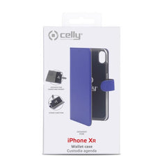 WALLY - Custodia a libro in pelle sintetica con chiusura flap magnetico, slot per carte e funzione stand colore blu compatibile con Apple iPhone Xr