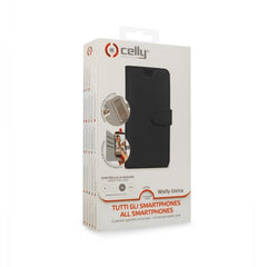 WALLYUNI - Custodia universale a libro colore nero con sistema fissaggio adesivo compatibile con gli smartphone da 4.5" a 5" dimensione display
