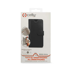 WALLYUNI - Custodia universale a libro colore nero con sistema fissaggio adesivo compatibile con gli smartphone da 4.5" a 5" dimensione display