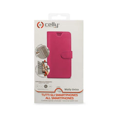 WALLYUNI - Custodia universale a libro colore fucsia con sistema fissaggio adesivo compatibile con gli smartphone da 4.5" a 5" dimensione display