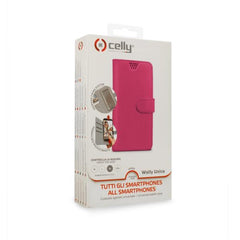 WALLYUNI - Custodia universale a libro colore fucsia con sistema fissaggio adesivo compatibile con gli smartphone da 4.5" a 5" dimensione display