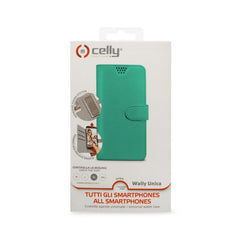 WALLYUNI - Custodia universale a libro colore azzurro tiffany con sistema fissaggio adesivo compatibile con gli smartphone da 4.5" a 5" dimensione display