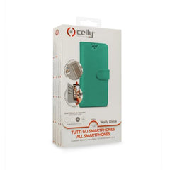 WALLYUNI - Custodia universale a libro colore azzurro tiffany con sistema fissaggio adesivo compatibile con gli smartphone da 4.5" a 5" dimensione display