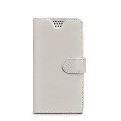 WALLYUNI - Custodia universale a libro colore bianco con sistema fissaggio adesivo compatibile con gli smartphone da 4.5" a 5" dimensione display