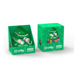 XMASEARTREE - Auricolare a filo stereo IN-EAR con jack 3,5 mm, cavo piatti anti groviglio, remote contro e microfono integrato, simpatica confezione Natalizia